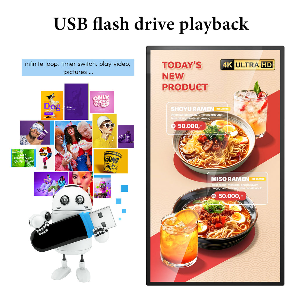Wall Mount Digital Signage, FHD Touchscreen Monitor Android 14, Multi-Touch Screen Smart Split, Commercial Advertising Display, Time Switch, CMS Management, HD-MI/ USB/ WiFi/ for Windows
