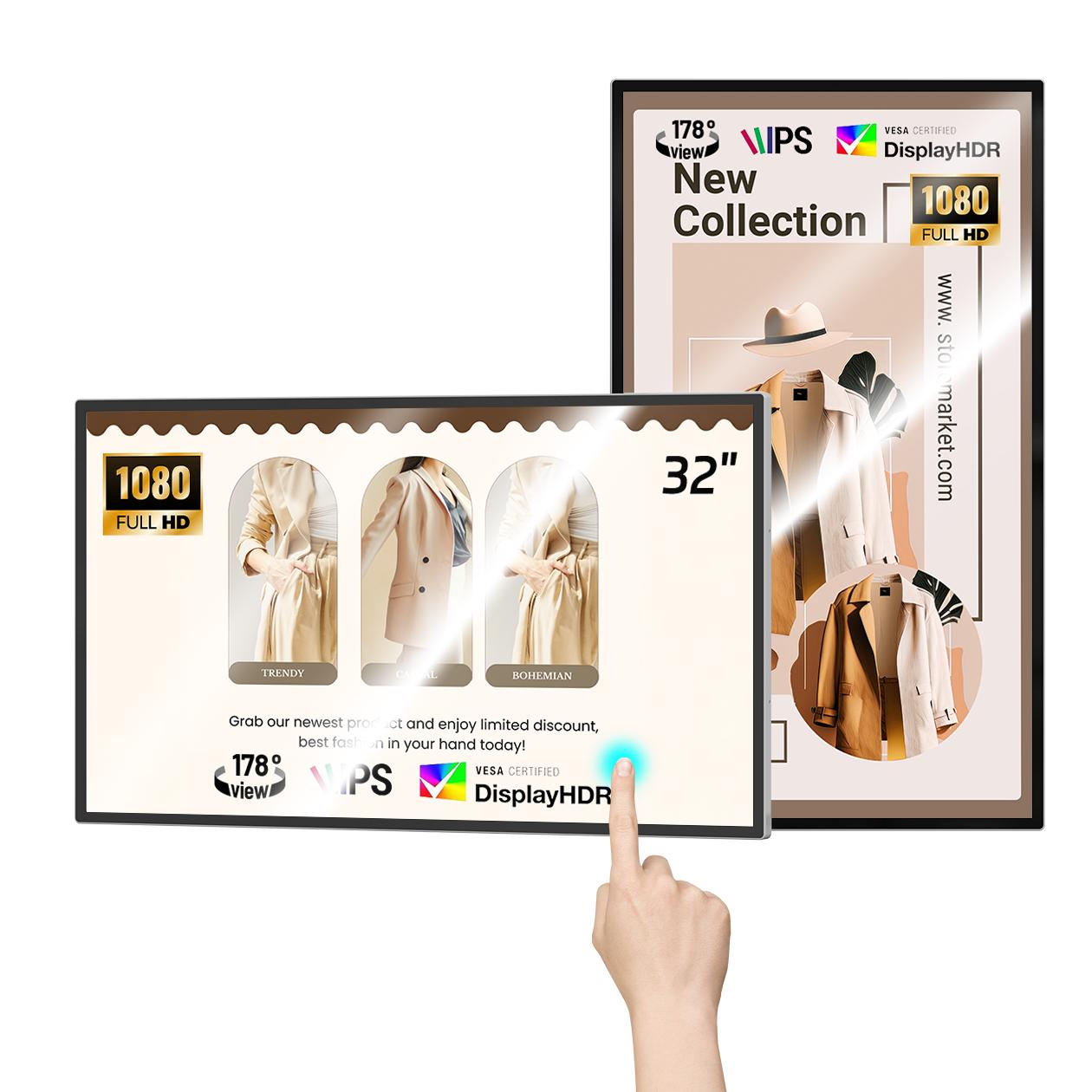 Wall Mount Digital Signage, FHD Touchscreen Monitor Android 14, Multi-Touch Screen Smart Split, Commercial Advertising Display, Time Switch, CMS Management, HD-MI/ USB/ WiFi/ for Windows