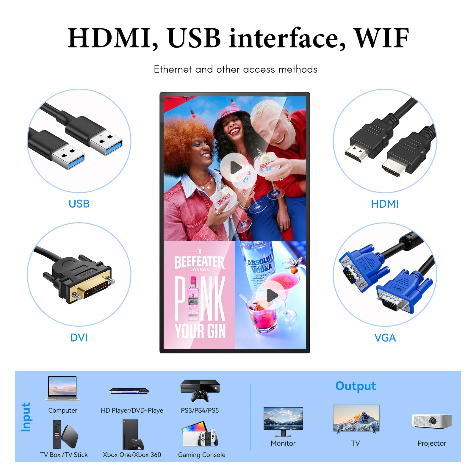 Wall Mount Digital Signage, FHD Touchscreen Monitor Android 14, Multi-Touch Screen Smart Split, Commercial Advertising Display, Time Switch, CMS Management, HD-MI/ USB/ WiFi/ for Windows