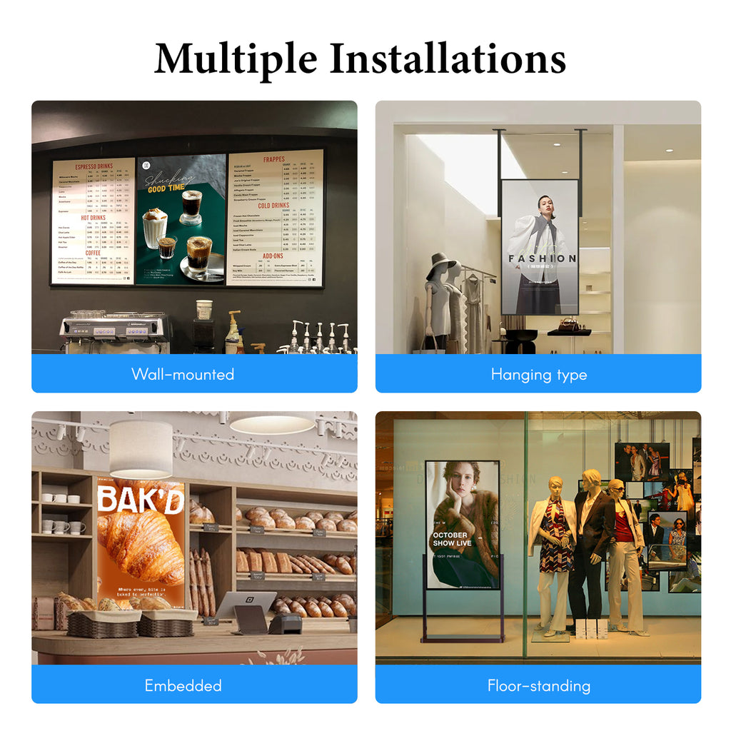 Wall Mount Digital Signage, FHD Touchscreen Monitor Android 14, Multi-Touch Screen Smart Split, Commercial Advertising Display, Time Switch, CMS Management, HD-MI/ USB/ WiFi/ for Windows